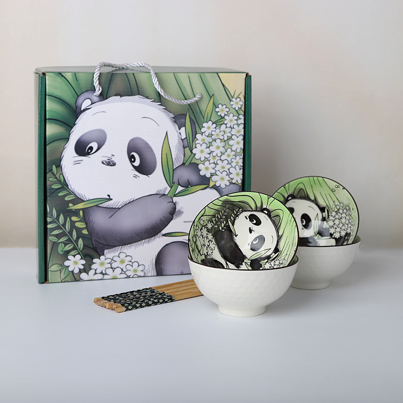 Panda keramički set zdjela i štapića za jelo, karikaturni uzorak, sladak stil, pod glazurom, pogodno za mikrovalnu