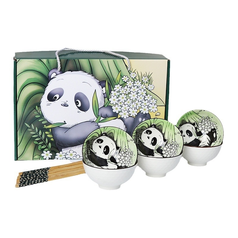 Panda keramički set zdjela i štapića za jelo, karikaturni uzorak, sladak stil, pod glazurom, pogodno za mikrovalnu