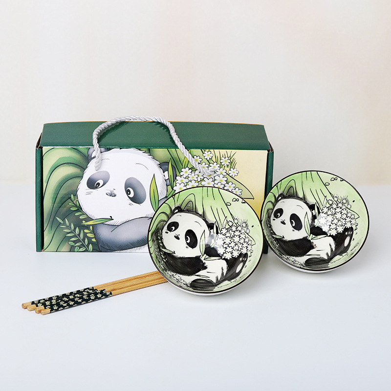 Panda keramički set zdjela i štapića za jelo, karikaturni uzorak, sladak stil, pod glazurom, pogodno za mikrovalnu