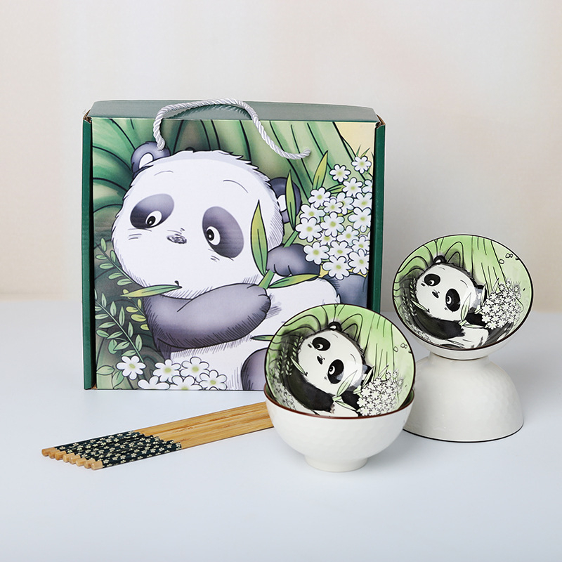 Panda keramički set zdjela i štapića za jelo, karikaturni uzorak, sladak stil, pod glazurom, pogodno za mikrovalnu
