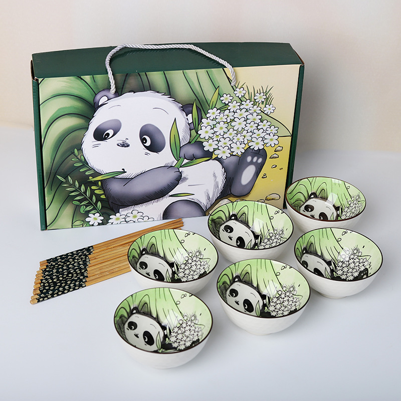 Panda keramički set zdjela i štapića za jelo, karikaturni uzorak, sladak stil, pod glazurom, pogodno za mikrovalnu