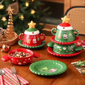 Керамичен коледен комплект съдове за хранене — карикатурен стил, гравиран дизайн, вместимост 301–500 ml, възможна персонализация
