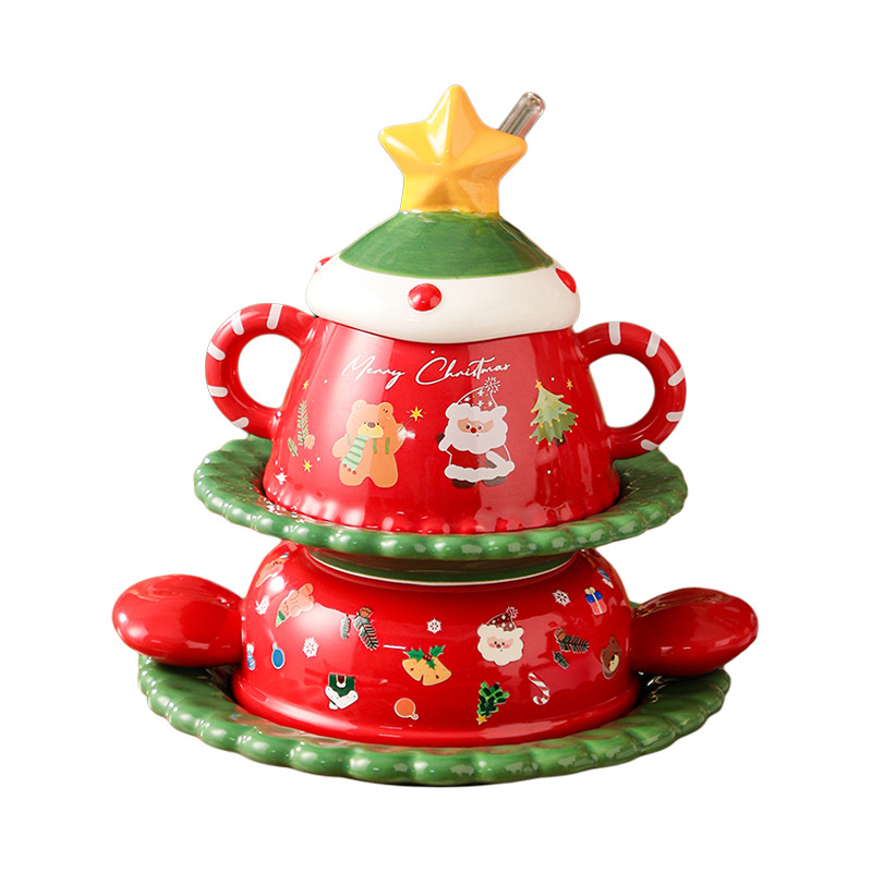 Керамичен коледен комплект съдове за хранене — карикатурен стил, гравиран дизайн, вместимост 301–500 ml, възможна персонализация