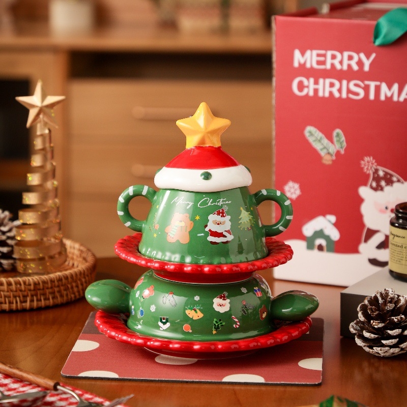 Керамичен коледен комплект съдове за хранене — карикатурен стил, гравиран дизайн, вместимост 301–500 ml, възможна персонализация