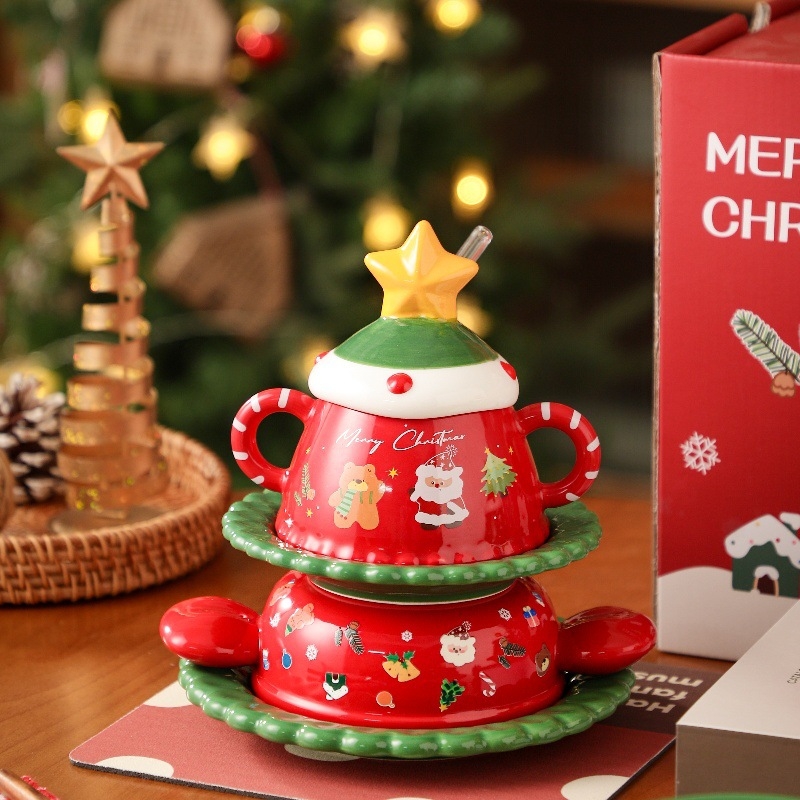 Керамичен коледен комплект съдове за хранене — карикатурен стил, гравиран дизайн, вместимост 301–500 ml, възможна персонализация