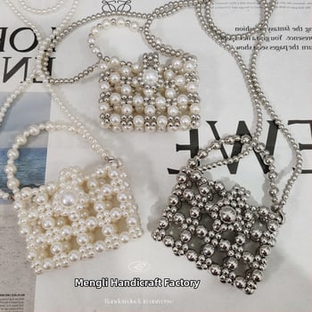 Beadkott imitatsioonpärlitega, linnaline minimalistlik stiil, horisontaalne ruutkuju kuju, kate-tüübi avamine, polüestervooder, kahekordsed õlarihmad