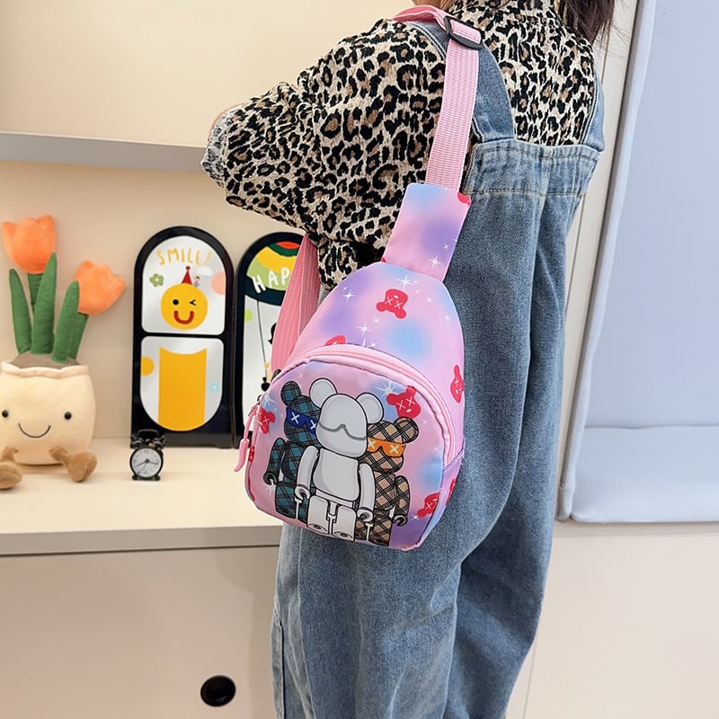 Детска чанта за кръст с анимиран принт на мече, нейлон, подплата полиестер, дишаща и износоустойчива, подходяща за детска градина