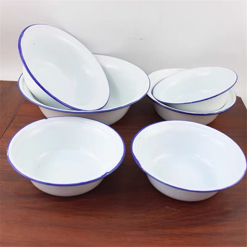 Emajlirana jušna zdjela, retro stil, okrugli oblik, porcelanska površina, mikrovalna nije pogodna