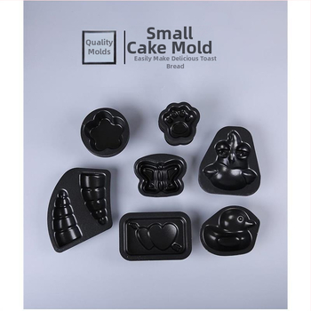 Не залепващ комплект форми за печене: барабанна хлебна форма, пръстен за мус във формата на сливово цвете, шест форми за торти, форми за бананови закуски и бисквитки