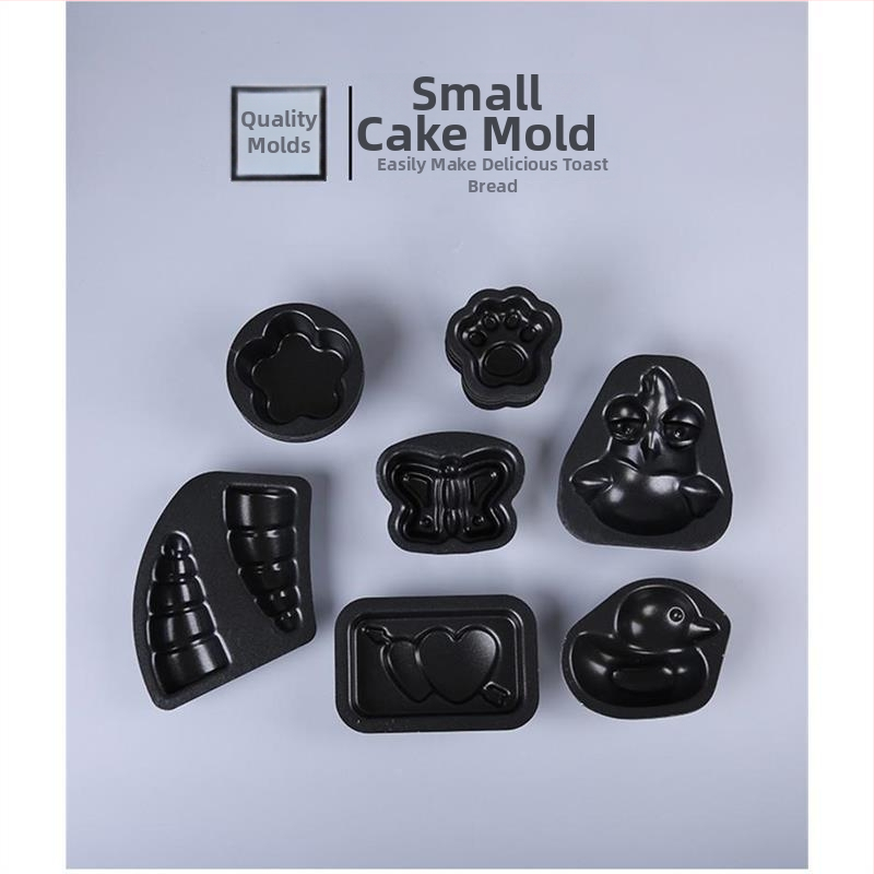 Не залепващ комплект форми за печене: барабанна хлебна форма, пръстен за мус във формата на сливово цвете, шест форми за торти, форми за бананови закуски и бисквитки