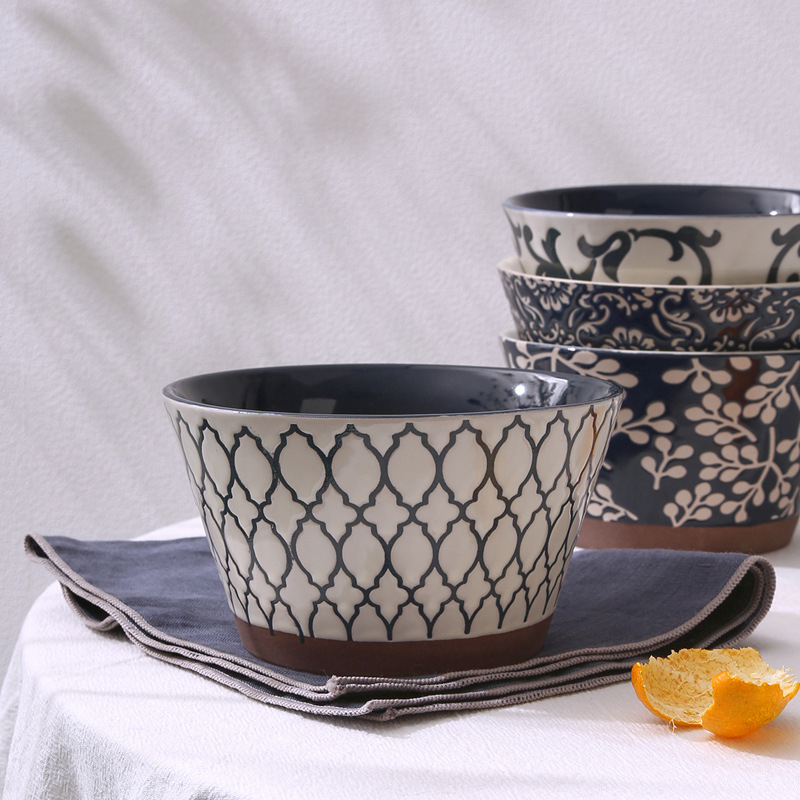 Porcelanske zdjele u japanskom stilu sa reljefnim uzorkom ispod glazure, konična zdjela za rižu, velik kapacitet, retro posuđe