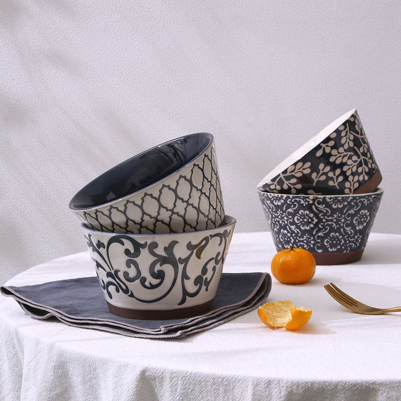 Porcelanske zdjele u japanskom stilu sa reljefnim uzorkom ispod glazure, konična zdjela za rižu, velik kapacitet, retro posuđe