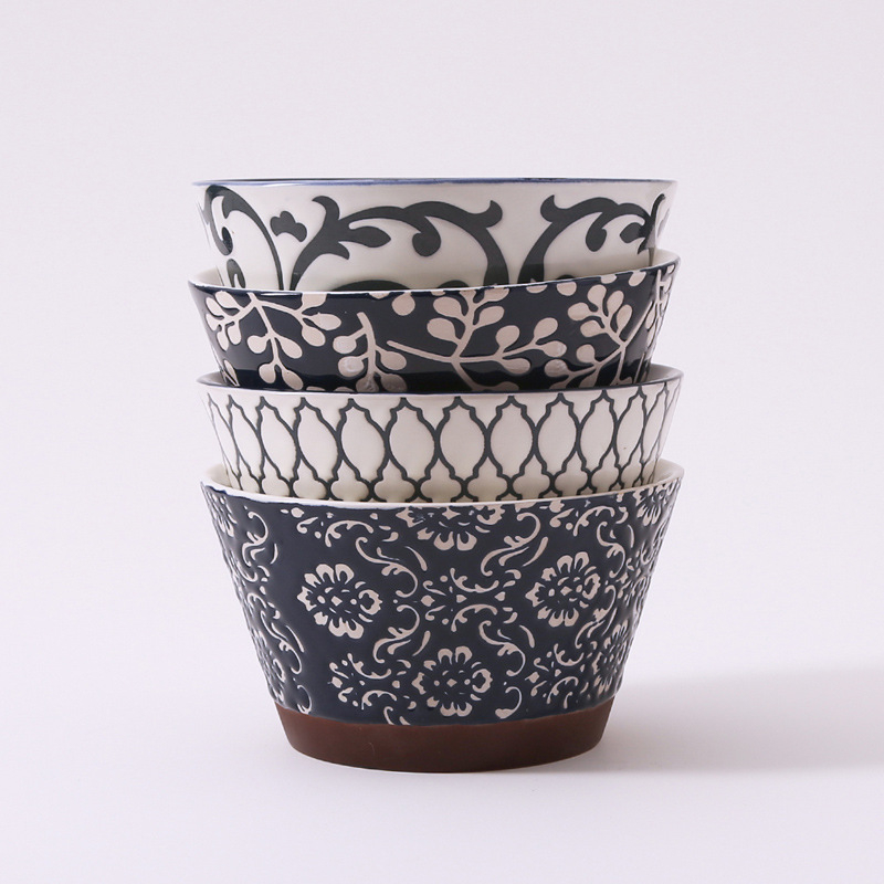 Porcelanske zdjele u japanskom stilu sa reljefnim uzorkom ispod glazure, konična zdjela za rižu, velik kapacitet, retro posuđe