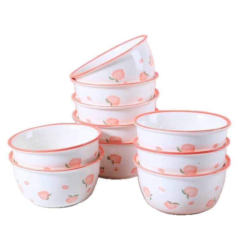 Porcelanski set zdjela za rižu i kašu s motivom breskve i jagode, set s žličicama, kućna upotreba, sladak Ins stil, za pare i djecu