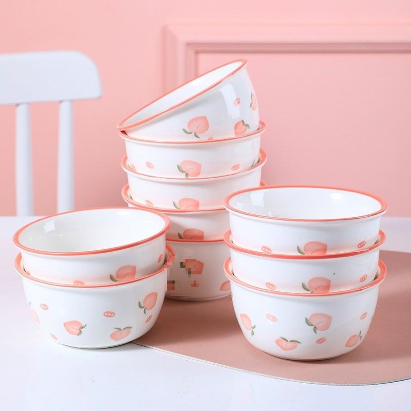 Porcelanski set zdjela za rižu i kašu s motivom breskve i jagode, set s žličicama, kućna upotreba, sladak Ins stil, za pare i djecu