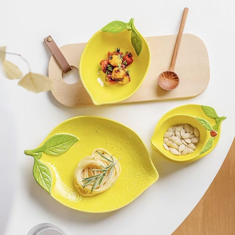 Porcelanski set posuđa s motivom limuna, sladak crtani uzorak – zdjele i tanjuri za desert, salatu i rižu, otporan na mikrovalnu pećnicu, prilagodljiv, pogodan poklon