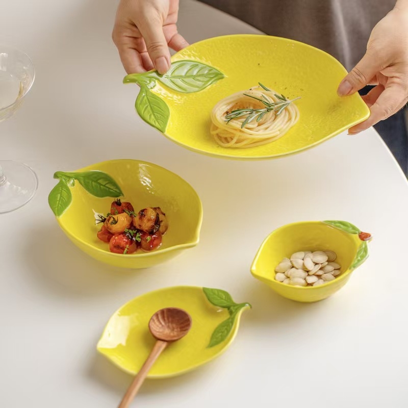 Porcelanski set posuđa s motivom limuna, sladak crtani uzorak – zdjele i tanjuri za desert, salatu i rižu, otporan na mikrovalnu pećnicu, prilagodljiv, pogodan poklon