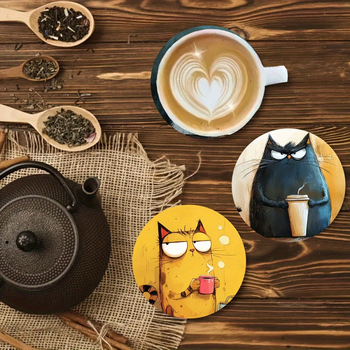 Σετ σουβέρ από ξύλο με σχέδιο γάτας, 4 τεμάχια, κυκλικά