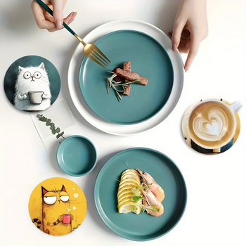 Σετ σουβέρ από ξύλο με σχέδιο γάτας, 4 τεμάχια, κυκλικά