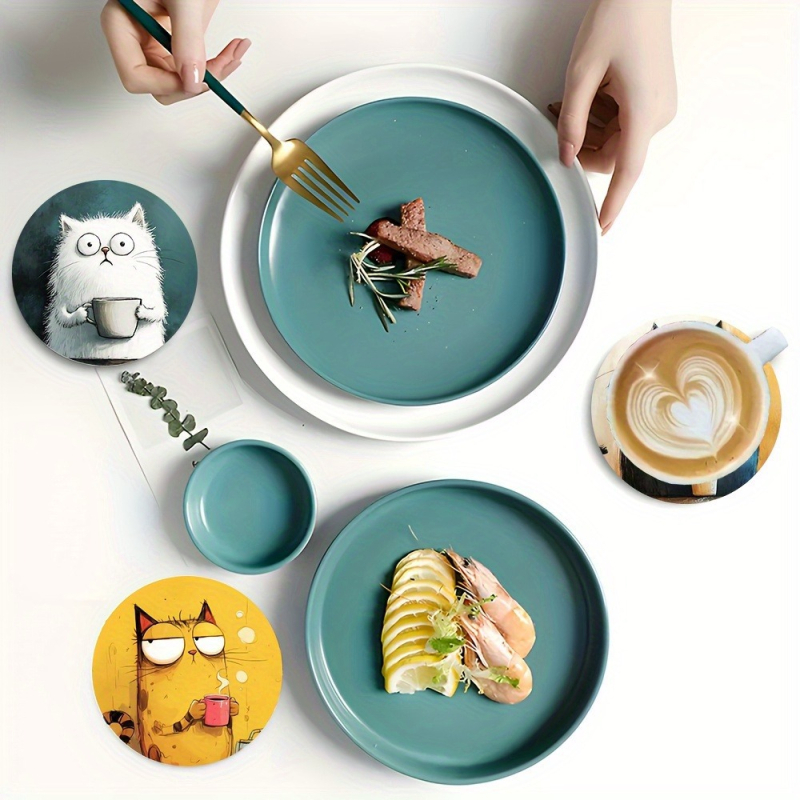 Σετ σουβέρ από ξύλο με σχέδιο γάτας, 4 τεμάχια, κυκλικά