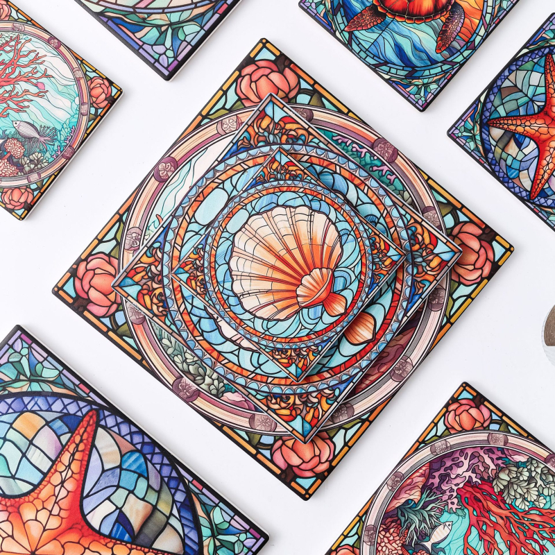 Κεραμικοί τετράγωνοι υποπότηρες φλυτζανιών με σχέδιο λουλουδιών, αντιολισθητικοί και θερμομονωτικοί