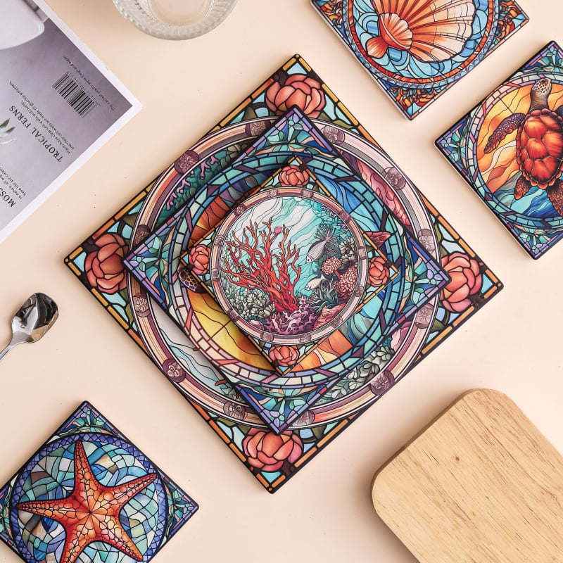 Κεραμικοί τετράγωνοι υποπότηρες φλυτζανιών με σχέδιο λουλουδιών, αντιολισθητικοί και θερμομονωτικοί