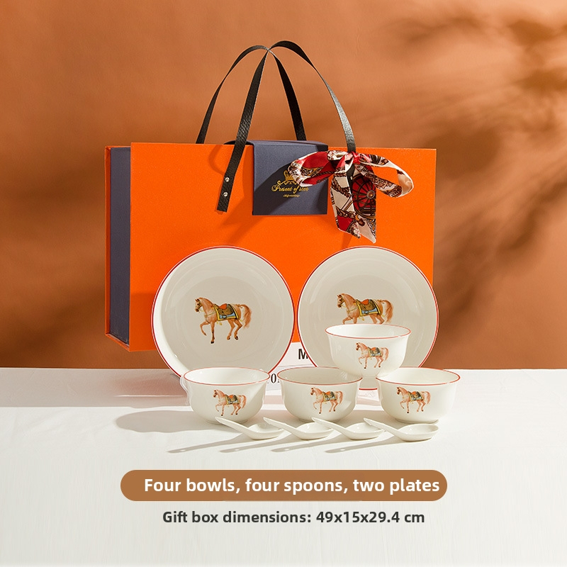Porcelanski set posuđa s zdjelama, žlicama i tanjurima – poklon paket uz mogućnost prilagođenog logotipa, okrugli oblik, kompatibilan s mikrovalnom pećnicom, moderni minimalistički stil