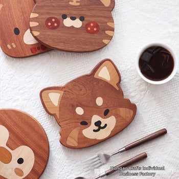 Hong ao μάρκα Ξύλινο σουβέρ για ποτήρι με σχέδιο Shiba Inu, Ξύλο ακακίας, Ακανόνιστο σχήμα, Λανσαρισμένο το 2025