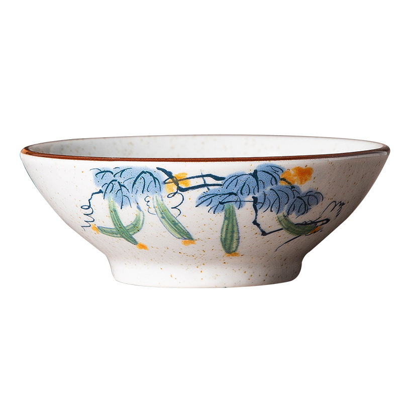 Porcelanska zdjela s motivom biljaka i cvijeća, ispod glazure boje, lagani luksuzni retro stil, okrugli oblik, pogodna za mikrovalnu pećnicu