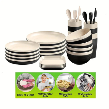 Plastični set posuđa, 32 dijela, moderna minimalistička nordijska stil, jednobojni uzorak, prilagodljiv