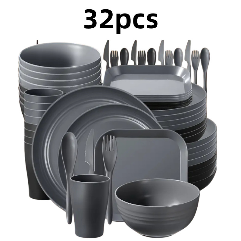 Plastični set posuđa, 32 dijela, moderna minimalistička nordijska stil, jednobojni uzorak, prilagodljiv