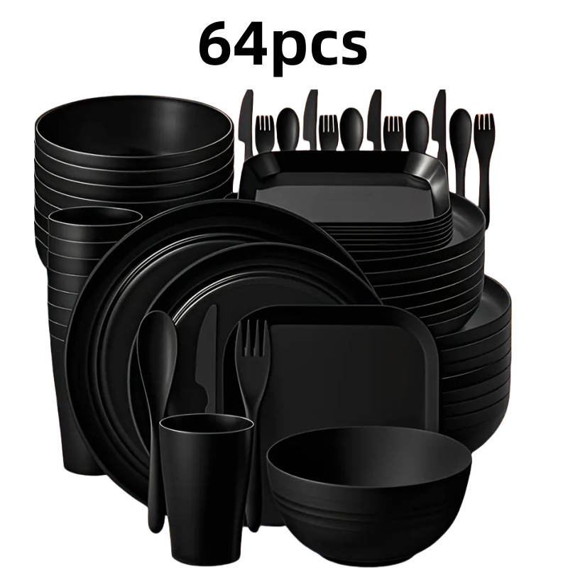 Plastični set posuđa, 32 dijela, moderna minimalistička nordijska stil, jednobojni uzorak, prilagodljiv