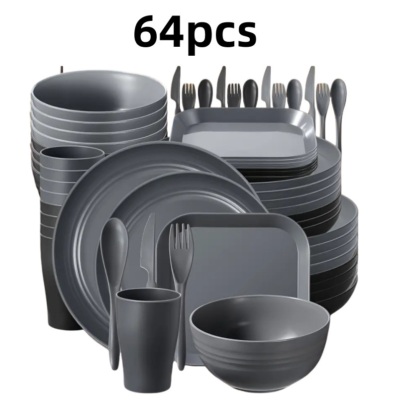 Plastični set posuđa, 32 dijela, moderna minimalistička nordijska stil, jednobojni uzorak, prilagodljiv