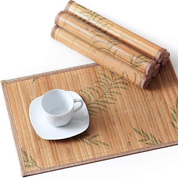 Бамбукова подложка за маса с принт водна трева и цветя, плетена, кръгла/квадратна/неправилна форма, модерен минималистичен стил, биоразградима