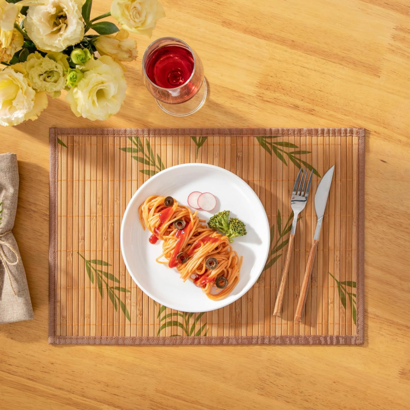 Бамбукова подложка за маса с принт водна трева и цветя, плетена, кръгла/квадратна/неправилна форма, модерен минималистичен стил, биоразградима