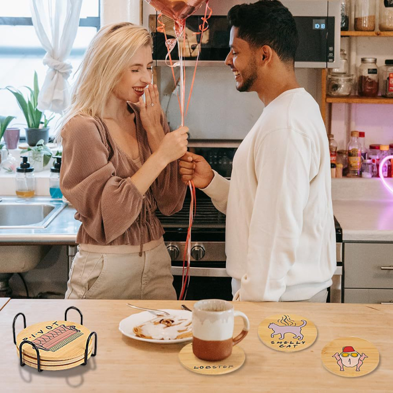 Fa poháralátét készlet, 6 db, hőszigetelő és csúszásmentes felülettel, Senhuo márka