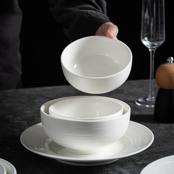 Set porțelan de veselă cu boluri și farfurii, stil modern minimalist, inspirație japoneză, finisaj sub-glazură, compatibil cu microunde, personalizabil