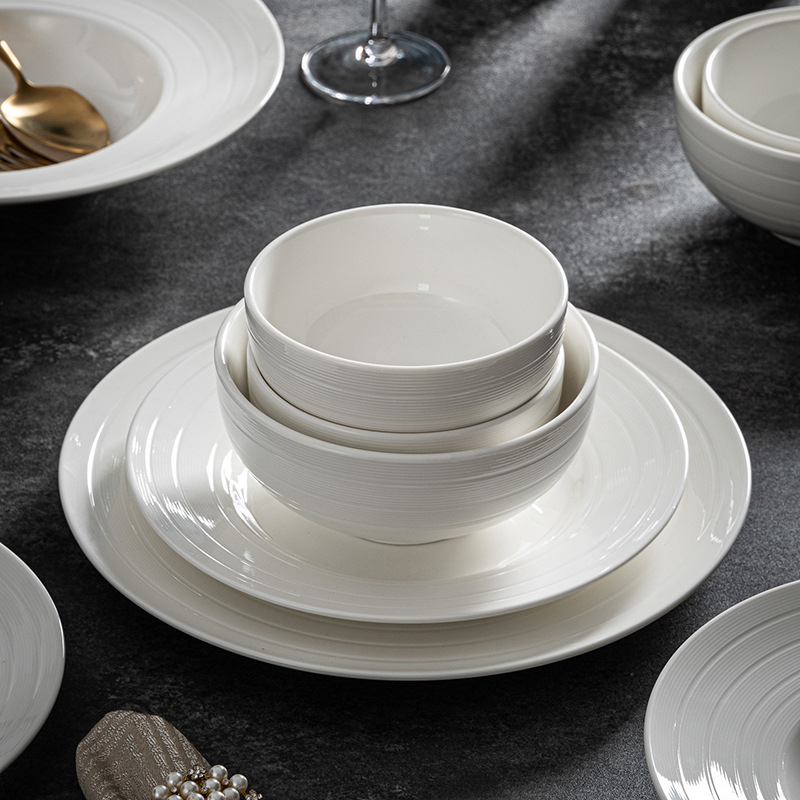 Set porțelan de veselă cu boluri și farfurii, stil modern minimalist, inspirație japoneză, finisaj sub-glazură, compatibil cu microunde, personalizabil