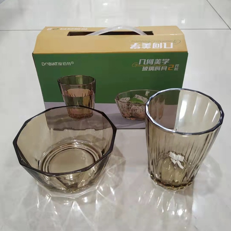 Set de veselă din sticlă, estetic geometric, 2 sau 5 piese, boluri rotunde, compatibil cu microunde