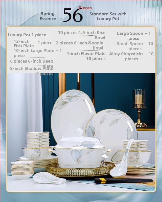 Set posuđa od kostnog porculana, cvjetni uzorak, prikladno za mikrovalnu, glazirana površina, novi kineski stil