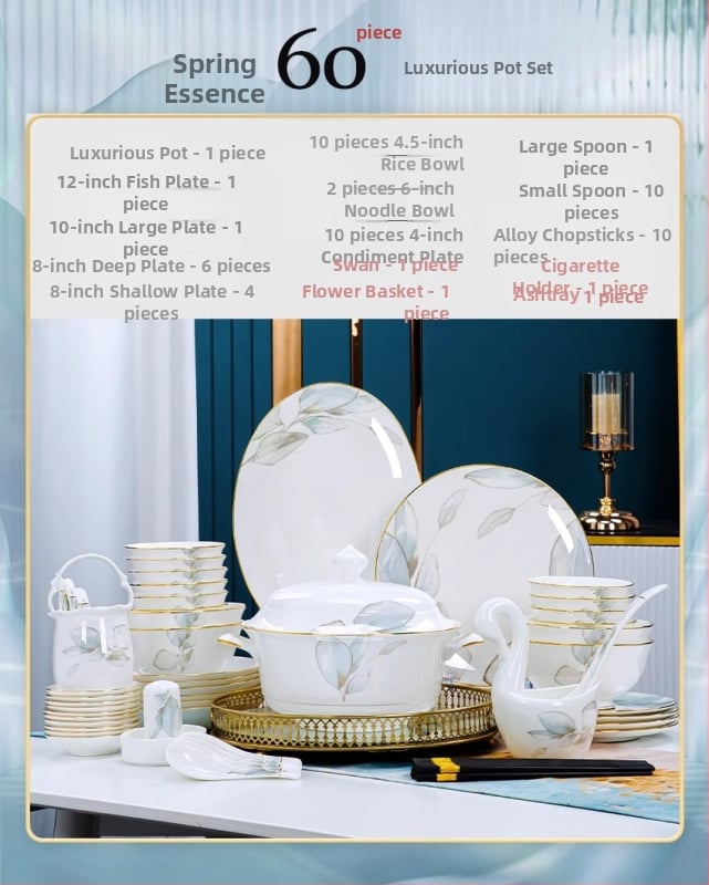 Set posuđa od kostnog porculana, cvjetni uzorak, prikladno za mikrovalnu, glazirana površina, novi kineski stil