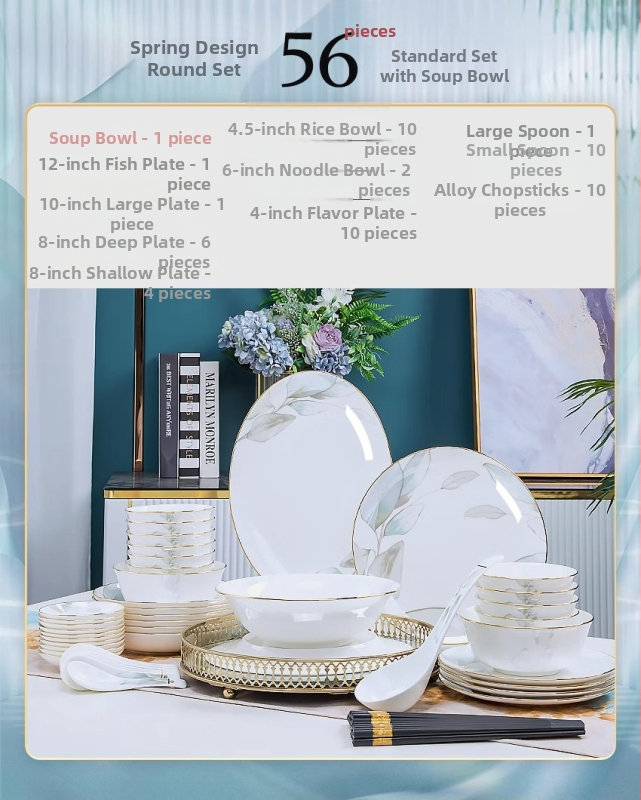 Set posuđa od kostnog porculana, cvjetni uzorak, prikladno za mikrovalnu, glazirana površina, novi kineski stil