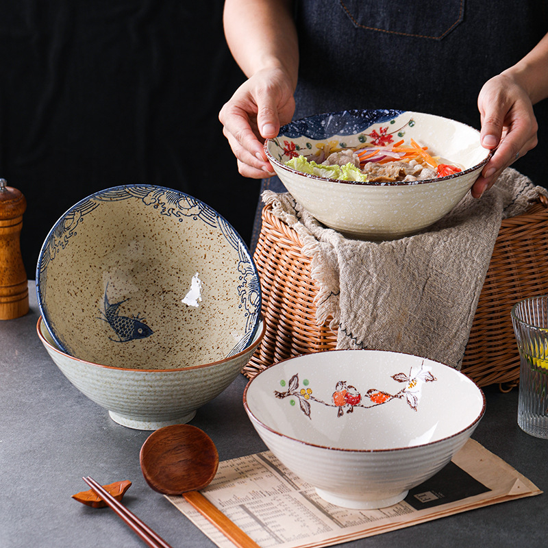 Vas ceramic cu decor floral sub glazură, formă rotundă, în stil nou chinezesc, compatibil cu microunde