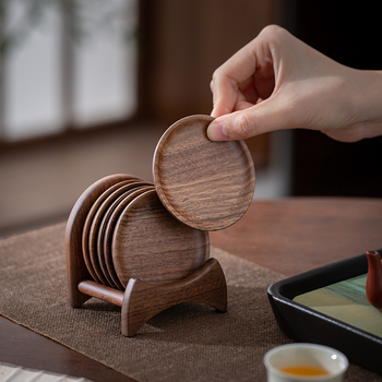 Diófából készült poháralátét készlet teához és kávéhoz – Új kínai stílus, 2023-as megjelenés, karton csomagolás, összsúly 0,2 kg