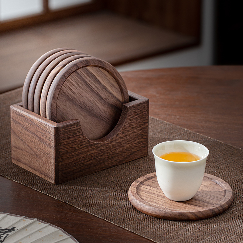 Diófából készült poháralátét készlet teához és kávéhoz – Új kínai stílus, 2023-as megjelenés, karton csomagolás, összsúly 0,2 kg