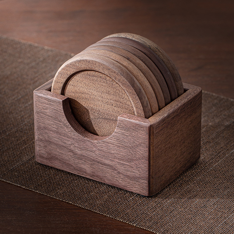 Diófából készült poháralátét készlet teához és kávéhoz – Új kínai stílus, 2023-as megjelenés, karton csomagolás, összsúly 0,2 kg