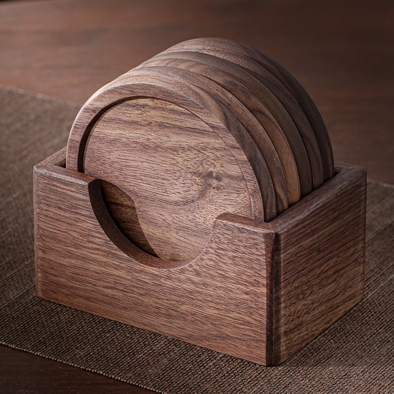 Diófából készült poháralátét készlet teához és kávéhoz – Új kínai stílus, 2023-as megjelenés, karton csomagolás, összsúly 0,2 kg