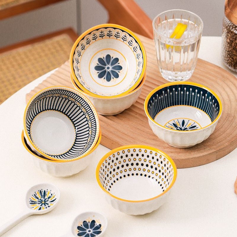 Porcelanska zdjela za rižu, okrugla s reljefnim dizajnom, podglazurno završna obrada, otporna na mikrovalnu pećnicu