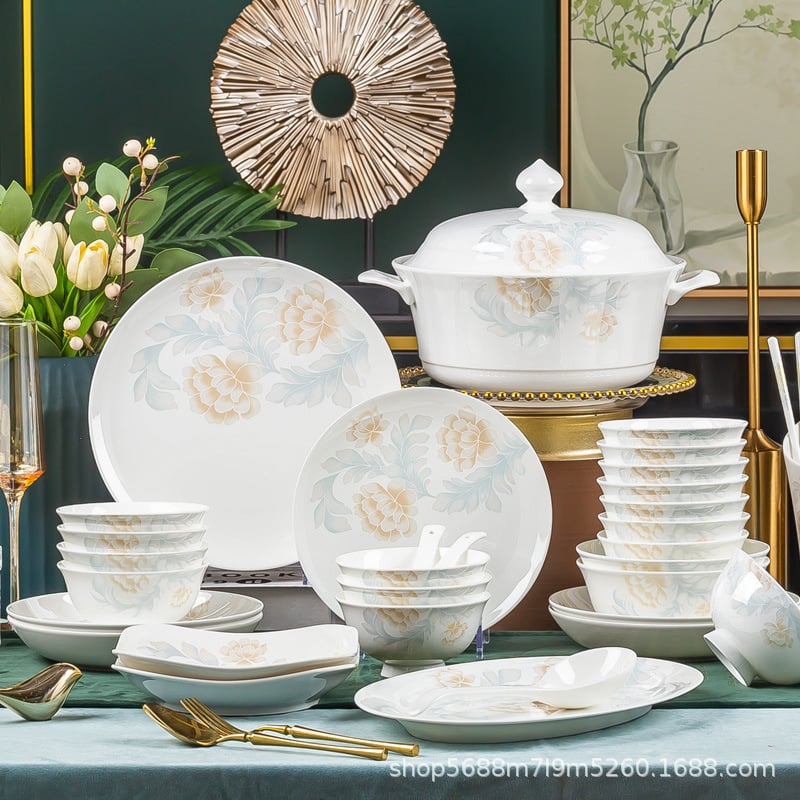 56-частов сервиз за хранене от костен порцелан: съдържа купи, чинии и клечки за хранене – ръчна изработка, модерен минималистичен стил