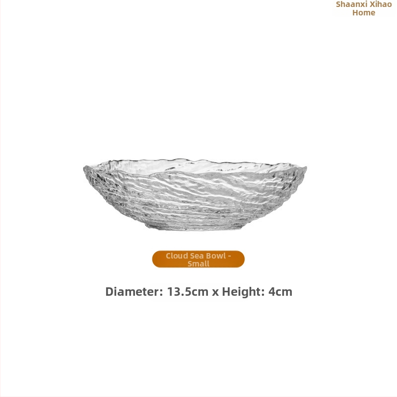 Sklenený servis s ledovým vzorom: nepravidelné misky a taniere na ovocie, priehľadné dezertné taniere, miska na cukrovú vodu; ručne vyrobené, prispôsobiteľné, moderný minimalistický štýl